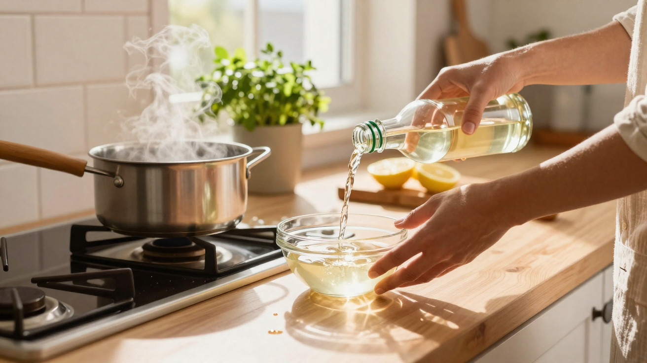 Pessoa despejando líquido em uma tigela na cozinha com panela fervendo no fogão.