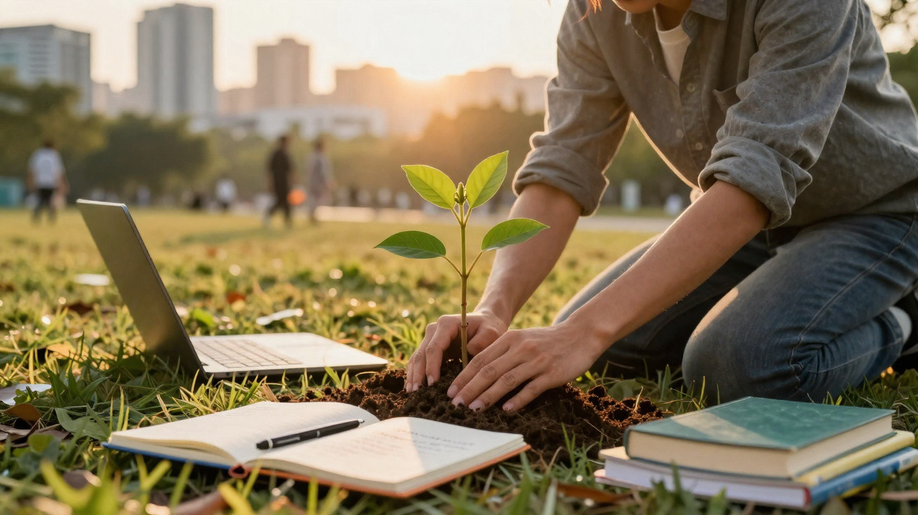 Pessoa plantando muda no parque com livro, caderno e notebook ao redor ao pôr do sol.