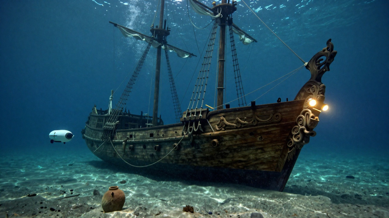 Navio pirata antigo submerso no fundo do mar com luzes acesas e um pequeno robô explorador ao lado.