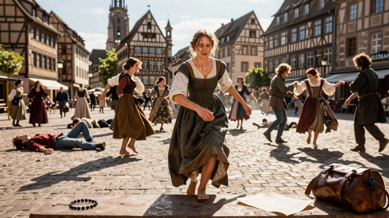 Mulher de vestido histórico corre descalça em praça com outras pessoas vestidas à moda antiga.