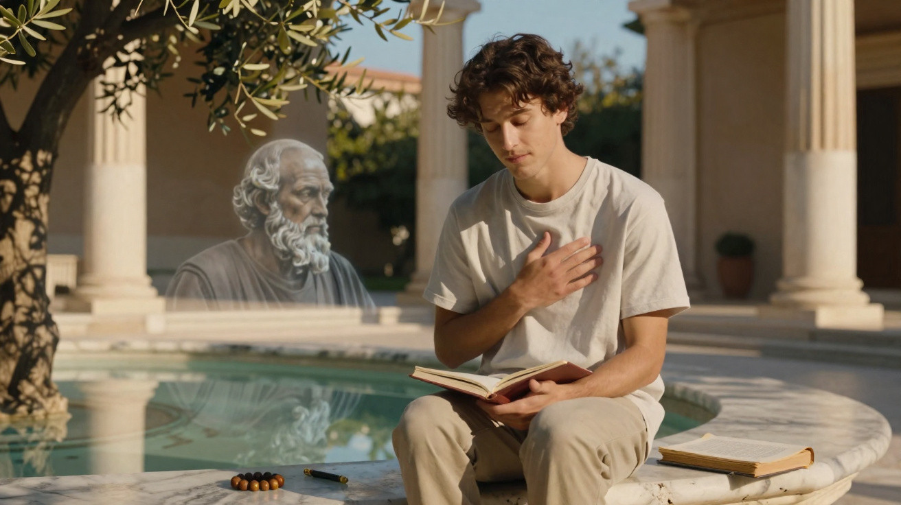 Jovem sentado em fonte lendo livro, com estátua de filósofo antigo ao fundo em pátio clássico.