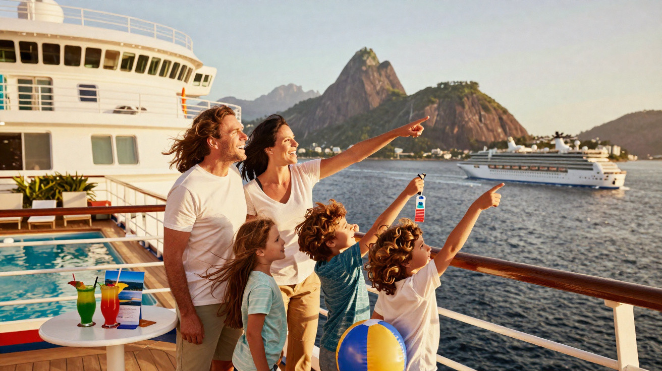 Família feliz apontando para um navio de cruzeiro com montanhas ao fundo no Rio de Janeiro.