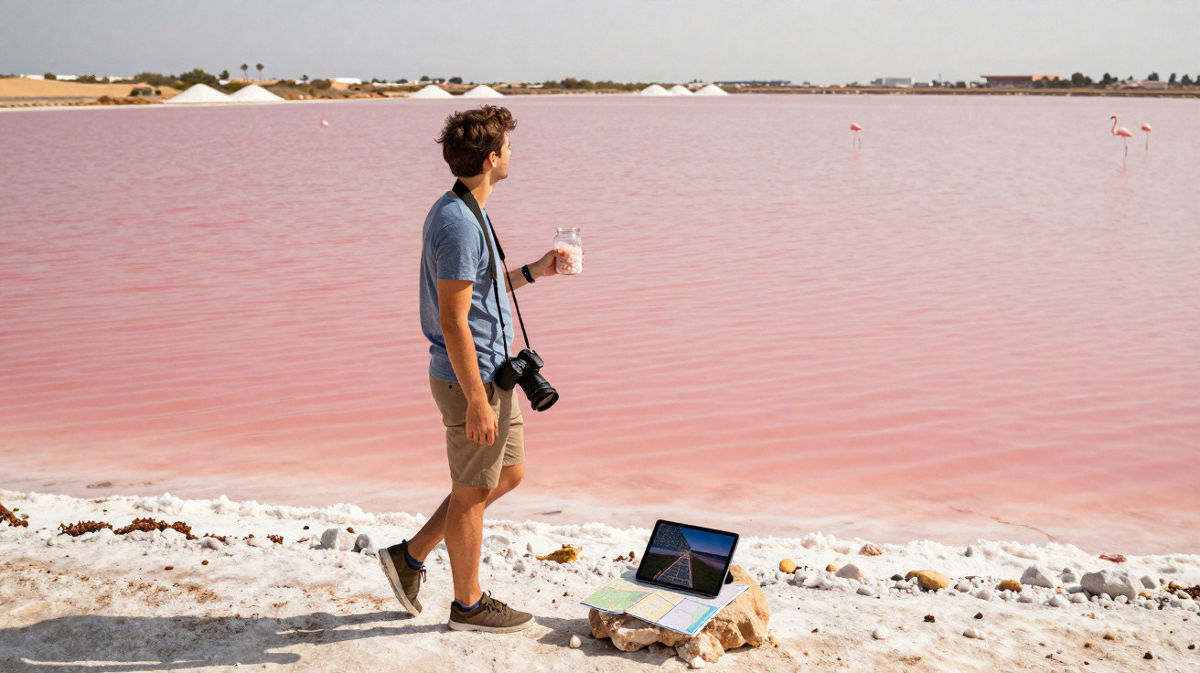 Homem com câmera e copo na mão observa lago rosa com flamingos, ao lado de mapa e laptop sobre pedras.