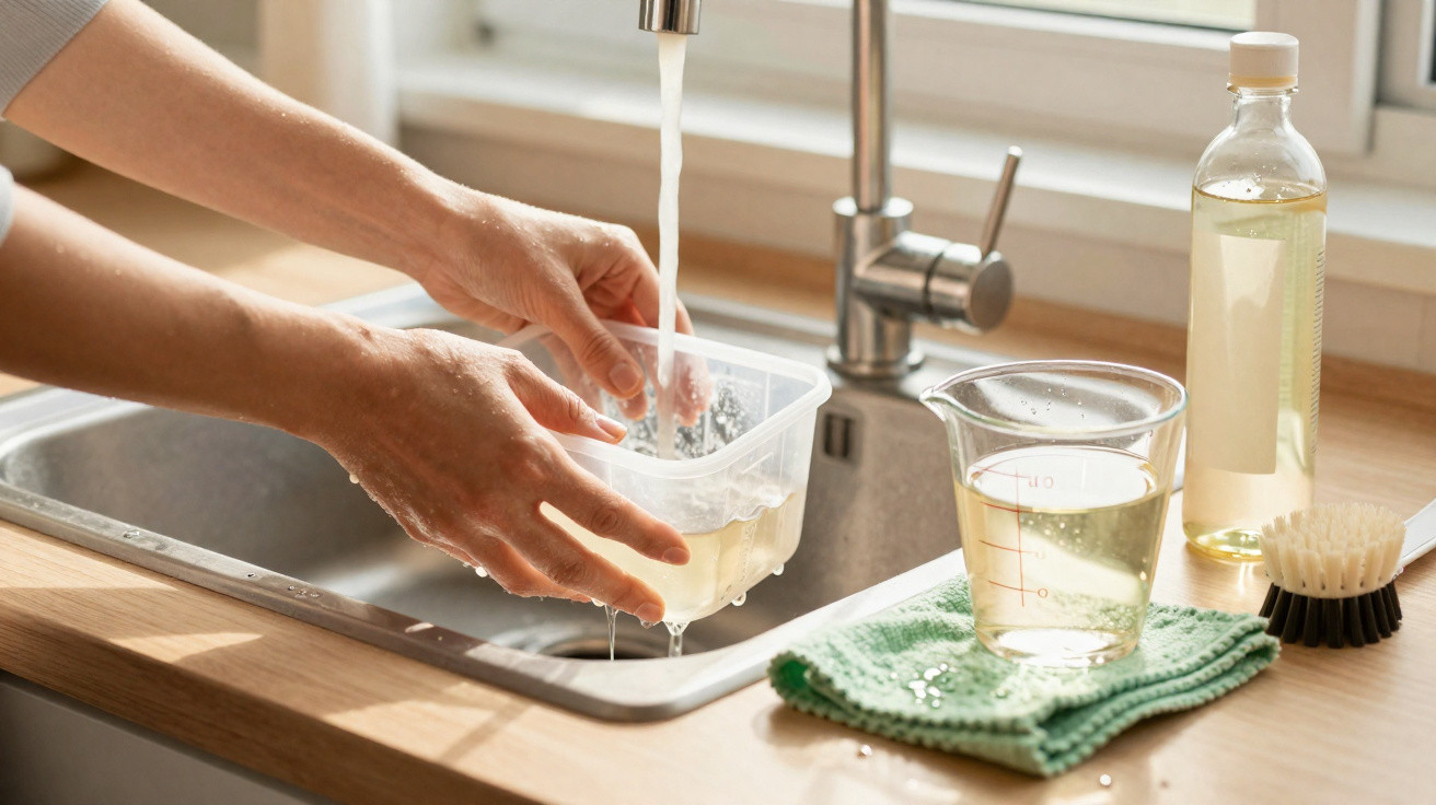 Pessoa lavando um recipiente plástico transparente na pia com água corrente em cozinha iluminada.