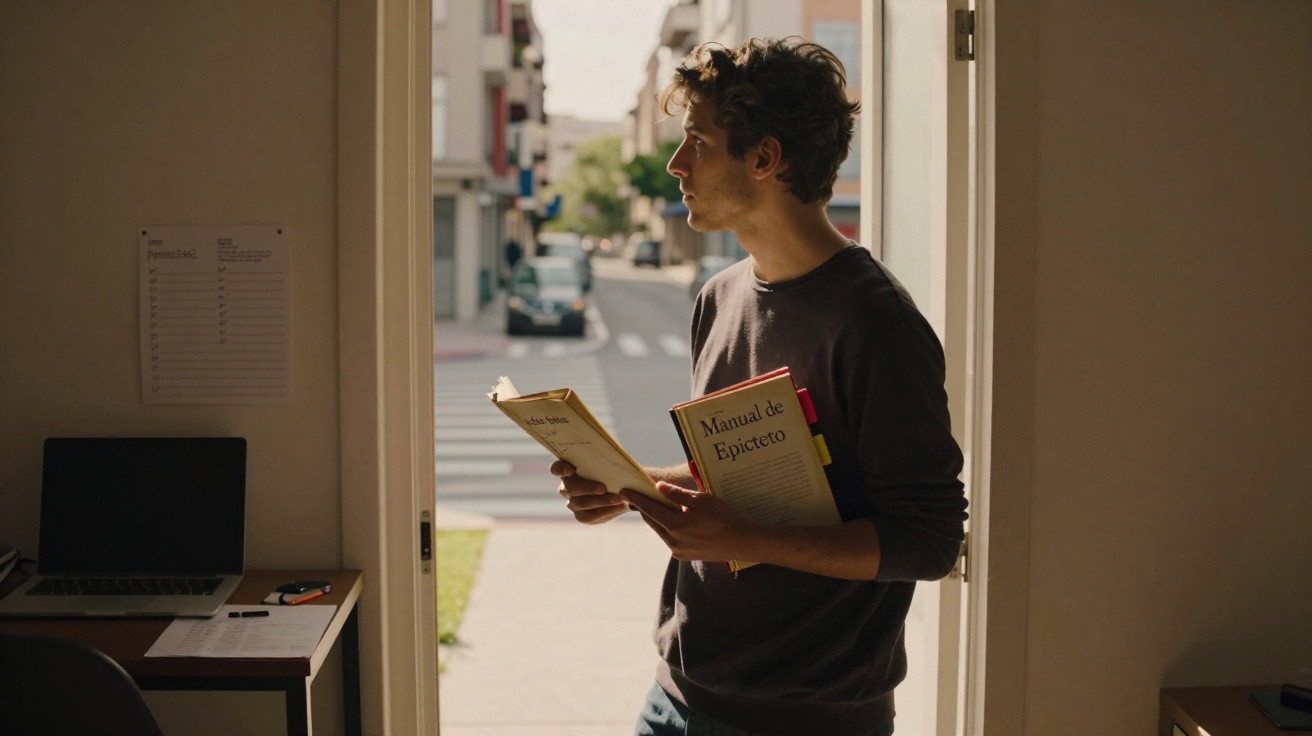 Jovem com livro "Manual de Epicteto" em mãos, parado na porta de uma casa com rua ao fundo.