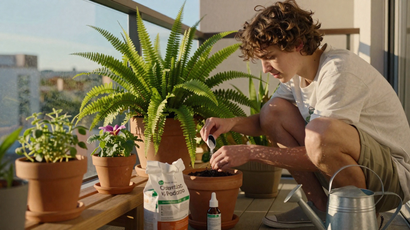 Jovem cuidando de planta em vaso no parapeito de varanda com materiais de jardinagem ao redor.