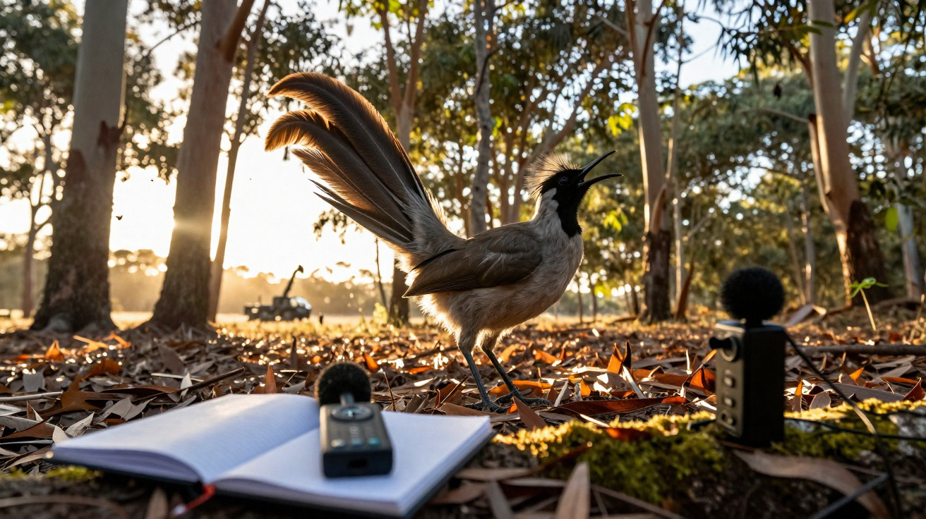 Pássaro preto e cinza em floresta com microfones e caderno aberto sobre folhas secas ao sol.