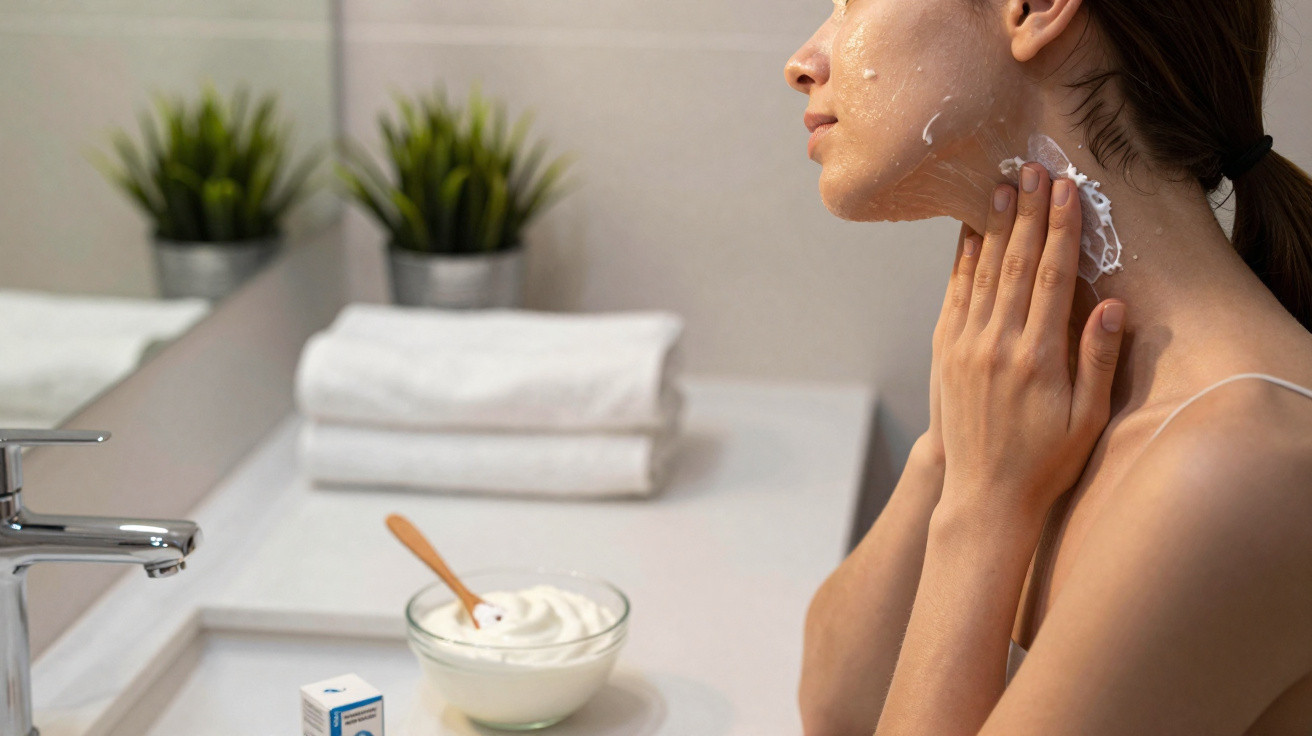 Mulher aplicando creme facial no pescoço em banheiro com toalhas e plantas ao fundo.