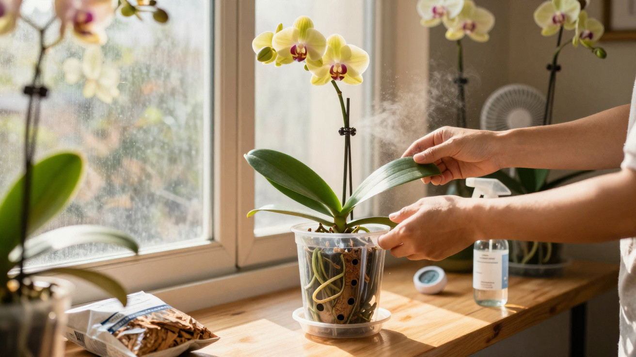Pessoa borrifando água em orquídea amarela dentro de casa, próxima à janela e com produtos de cuidado ao lado.