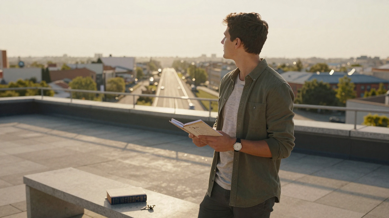 Homem jovem segurando caderno aberto no terraço, olhando para a cidade ao pôr do sol.