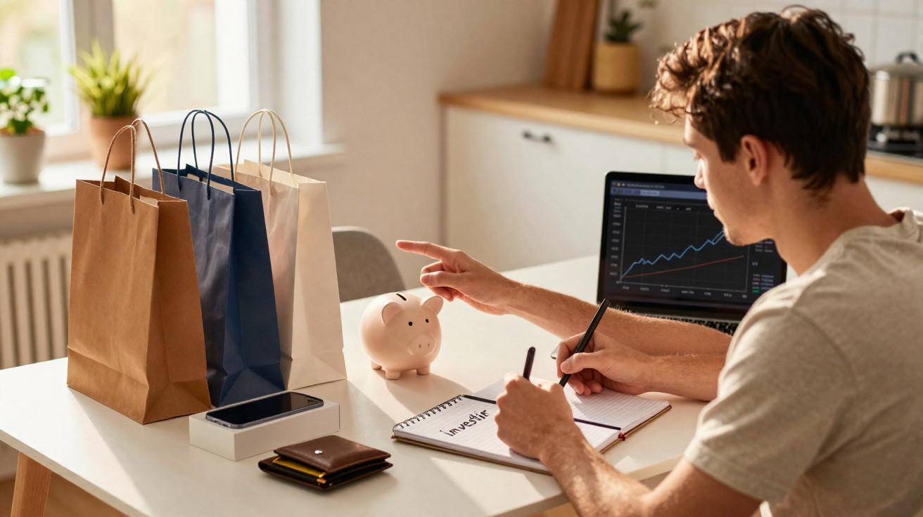 Homem sentado em mesa com sacolas, cofrinho, caderno e laptop analisando investimentos.