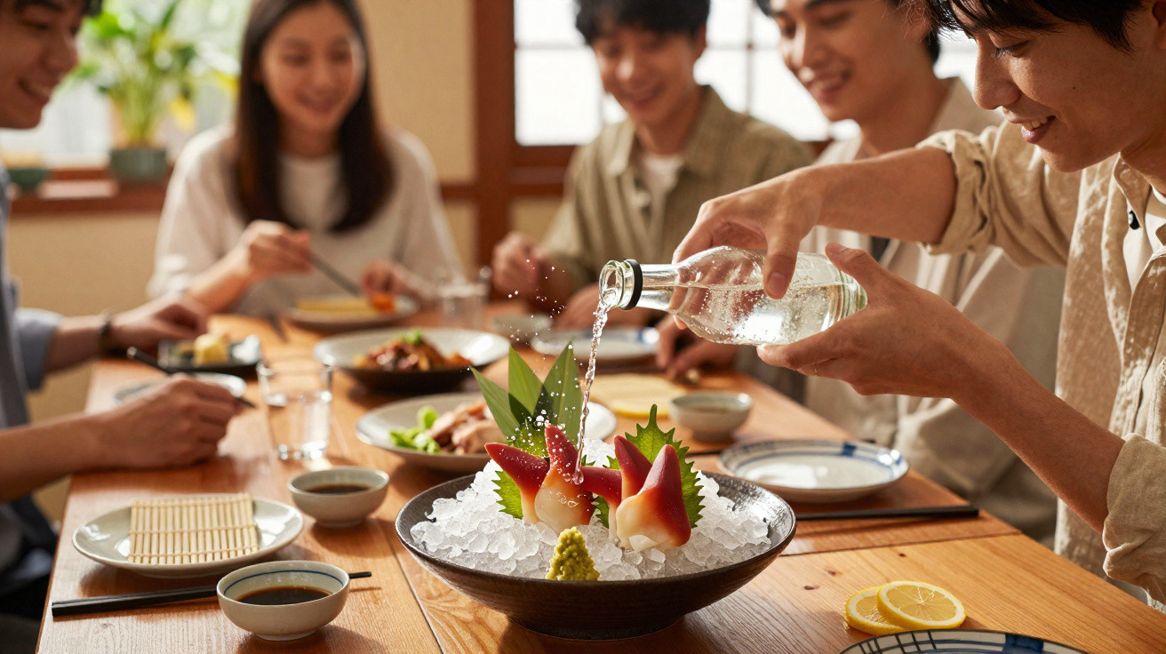 Jovens jantando sushi e sashimi em tigela com gelo, enquanto um deles serve bebida em garrafa transparente.