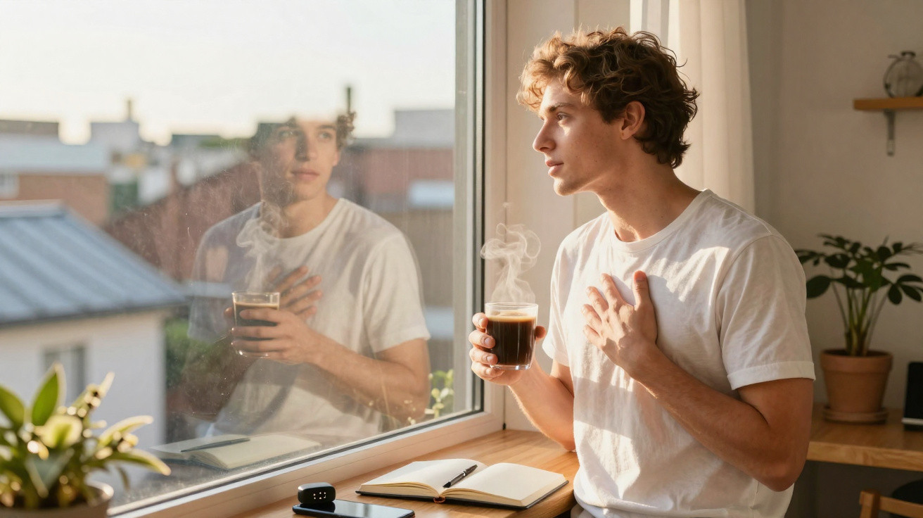 Jovem segurando café quente e olhando pela janela, com reflexo visível no vidro.