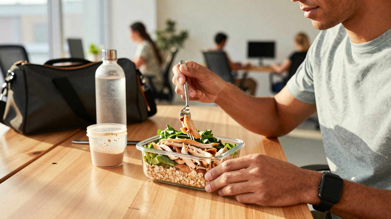 Pessoa comendo salada com frango em pote de vidro em mesa de escritório compartilhado.