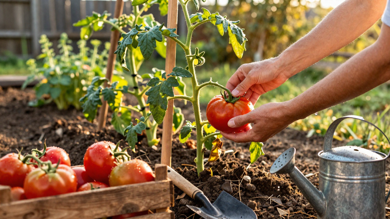 Mãos colhendo tomate maduro em planta no jardim com regador, pá e caixa de tomates ao lado.