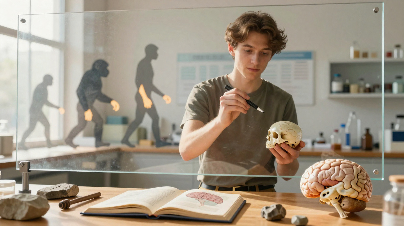 Jovem estudando um crânio humano em laboratório, com livro e modelo de cérebro na mesa.