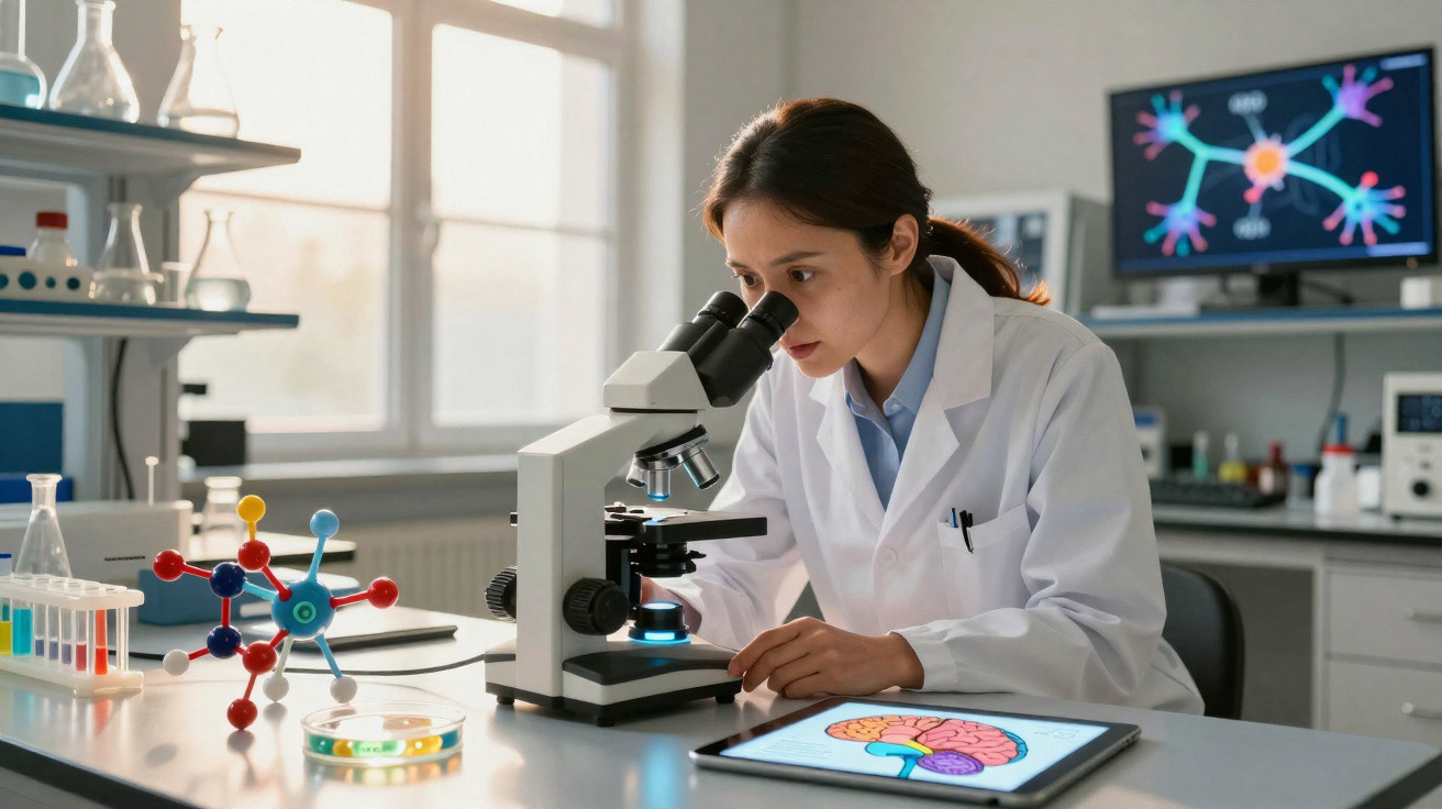Cientista mulher usando microscópio em laboratório com modelo de cérebro em tablet e molécula colorida na mesa.