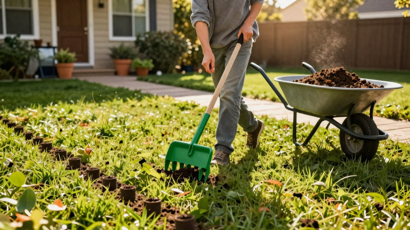 Pessoa usando enxada verde para mexer a terra em jardim gramado com carrinho de mão cheio de terra.