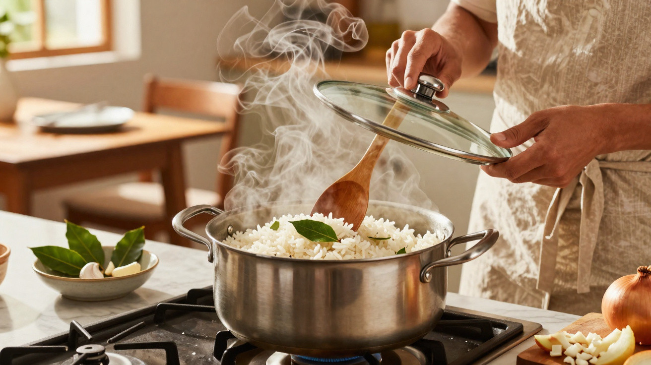 Pessoa mexendo arroz branco cozido em panela de inox no fogão com vapor saindo na cozinha.