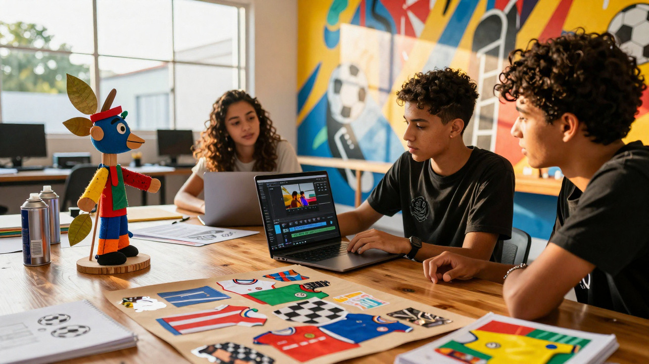 Três jovens reunidos em mesa com laptop editando vídeo, brinquedo de passarinho e desenhos coloridos ao redor.