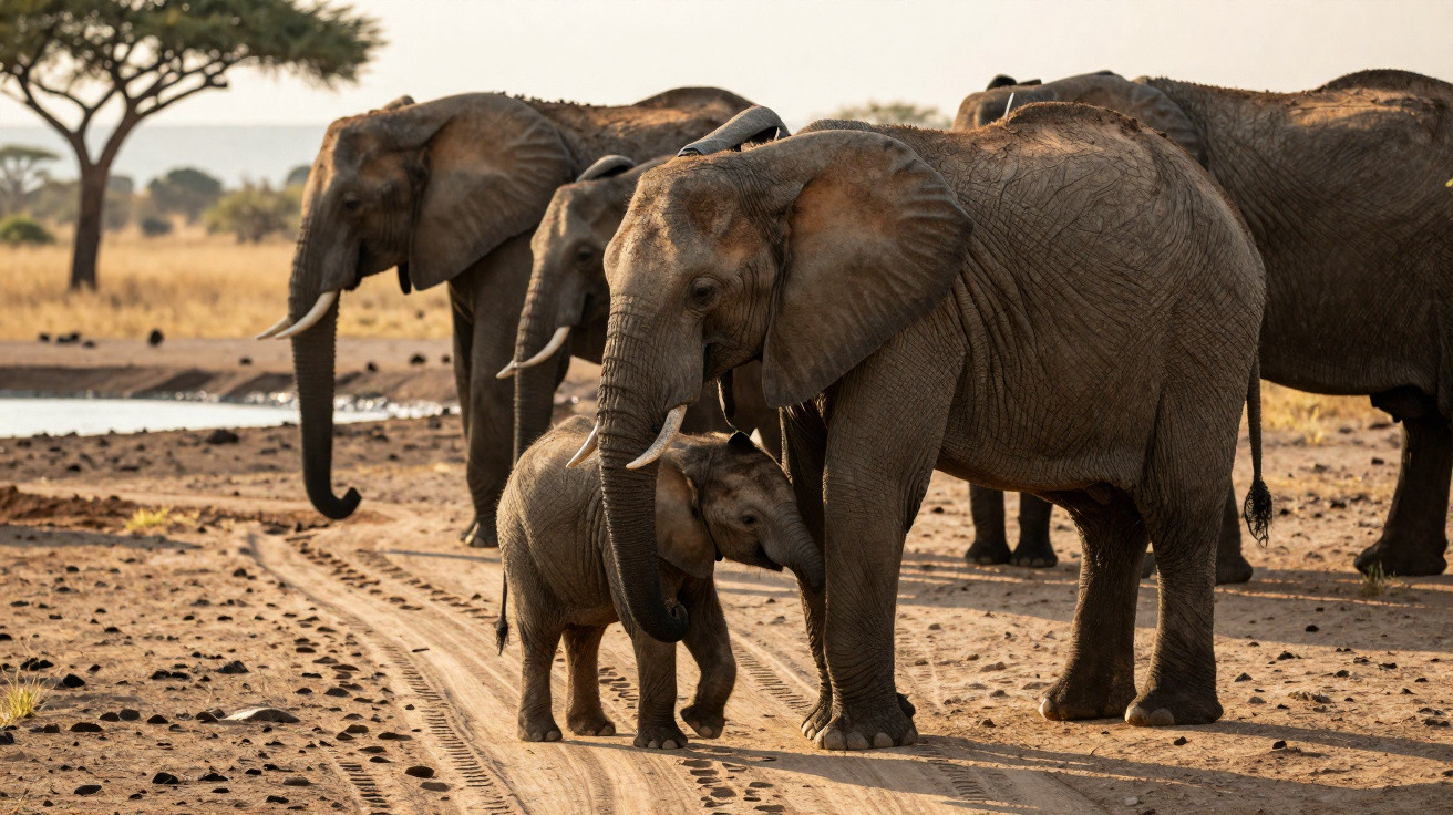 Manada de elefantes incluindo filhote abraçado à mãe em estrada de terra seca na savana.