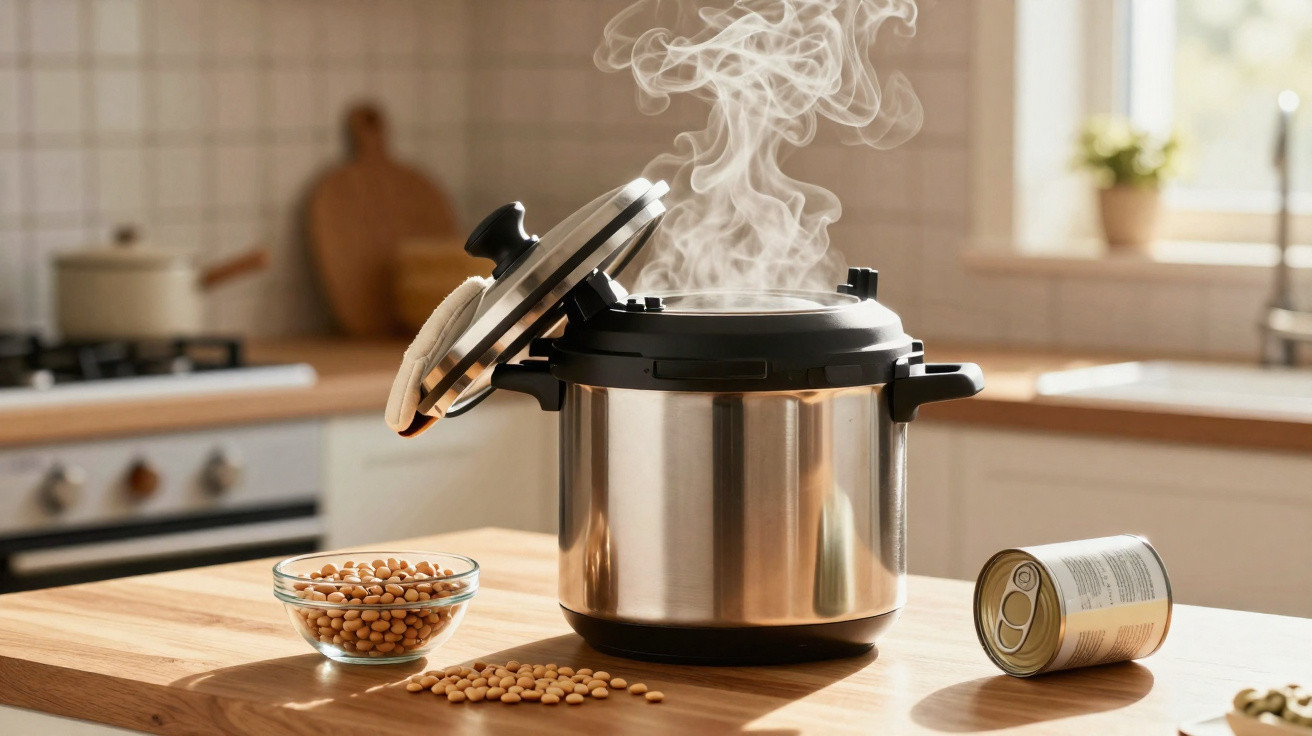 Panela de pressão elétrica com vapor saindo, ao lado de vasilha e grãos de soja em cozinha.