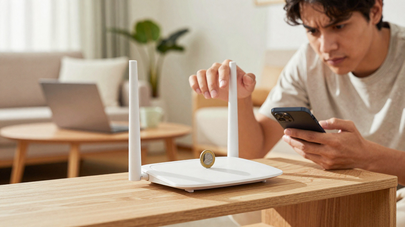 Homem olhando para celular enquanto ajusta roteador Wi-Fi com moeda sobre ele em mesa de centro.