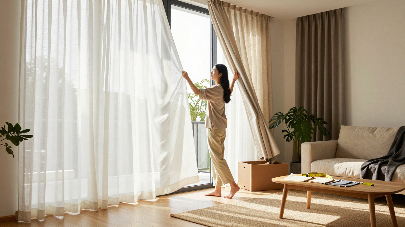 Mulher abrindo cortinas em sala clara com sofá, plantas e mesa de centro com livros.