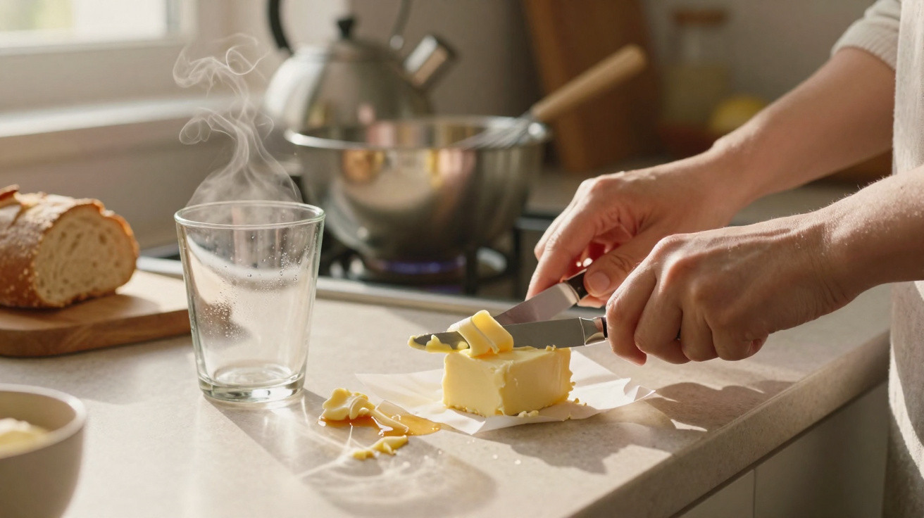 Pessoa cortando manteiga com faca em bancada de cozinha com pão e copo fumegante ao fundo.