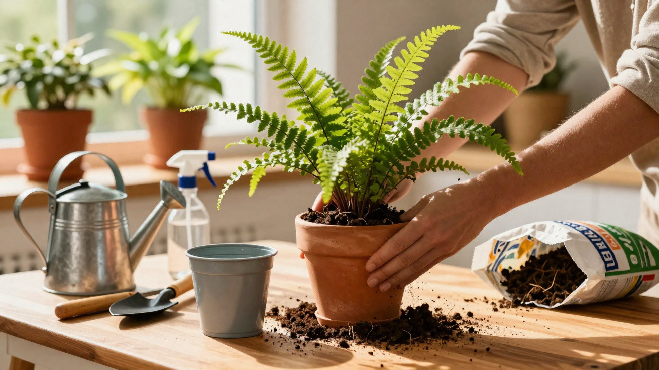 Pessoa transplantando samambaia para vaso de cerâmica em mesa com ferramentas de jardinagem.