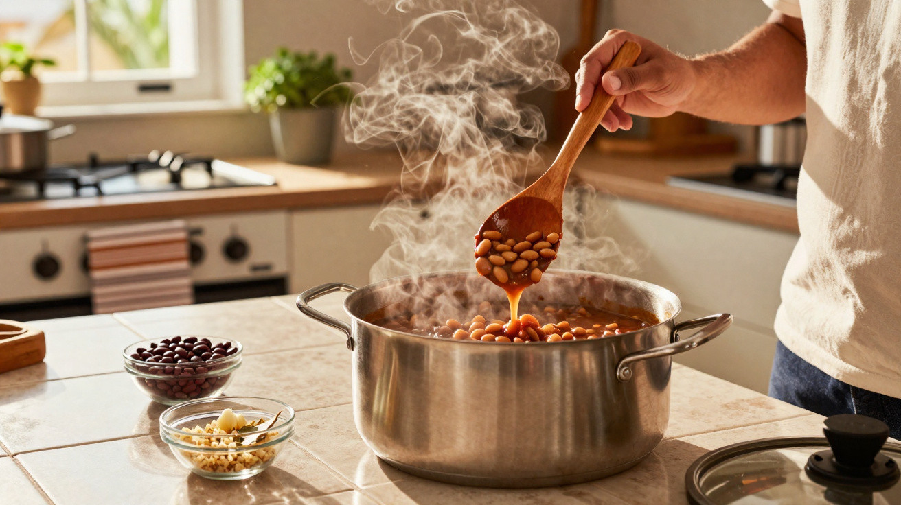 Pessoa mexendo feijão quente com colher de pau em panela grande na cozinha ensolarada.