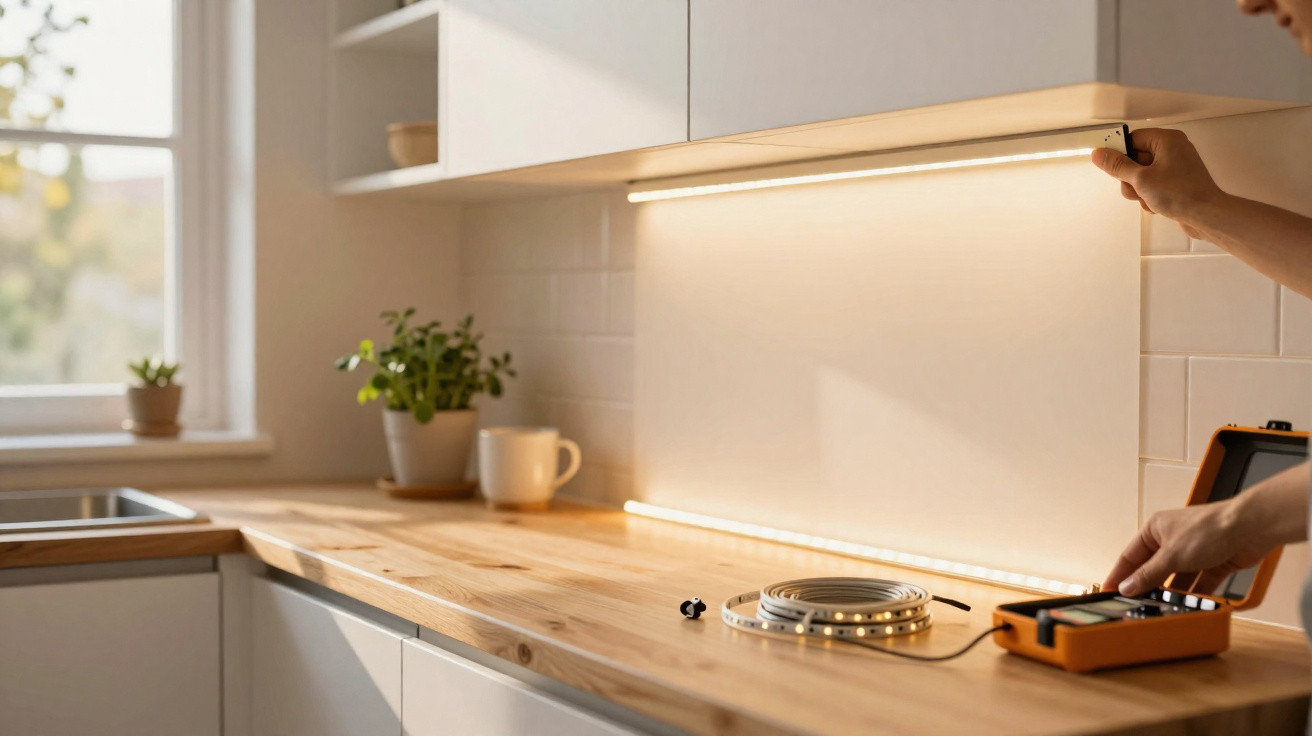 Mãos instalando uma faixa de luz de LED sob armário em uma cozinha com bancada de madeira.