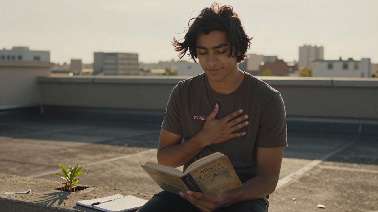 Jovem sentado em telhado lê livro com mão sobre o peito, notebooks ao lado e prédios ao fundo.