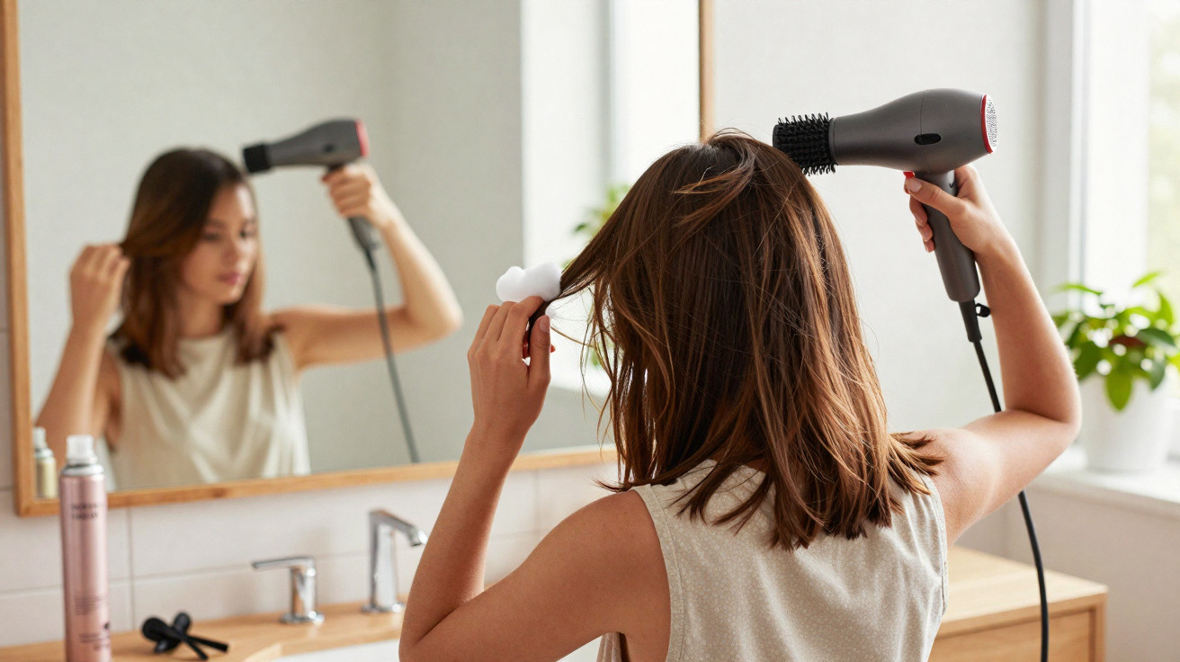 Mulher secando e modelando o cabelo com secador e escova em frente ao espelho no banheiro.