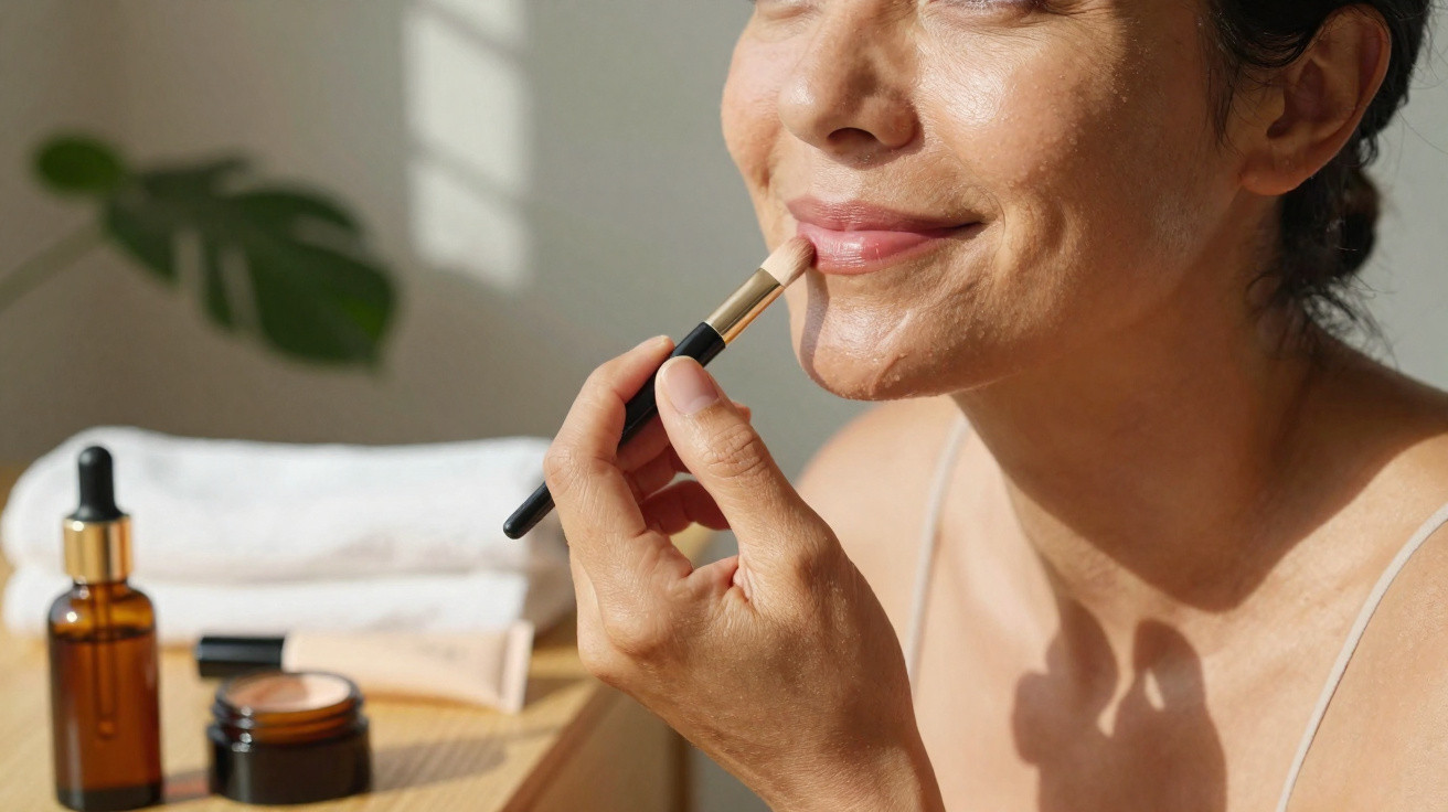 Mulher aplicando batom rosa claro em ambiente iluminado com produtos de beleza ao fundo.