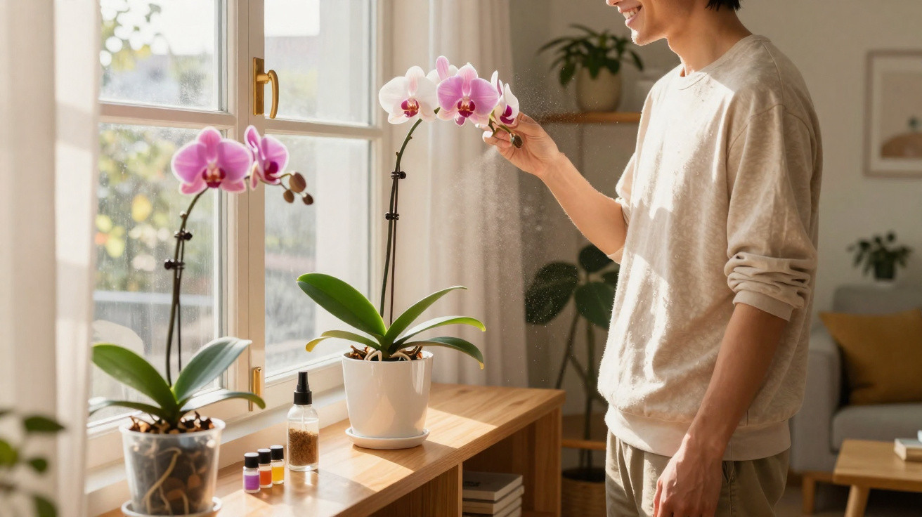 Pessoa borrifando água em orquídeas rosas sobre móvel próximo à janela em ambiente iluminado e aconchegante.