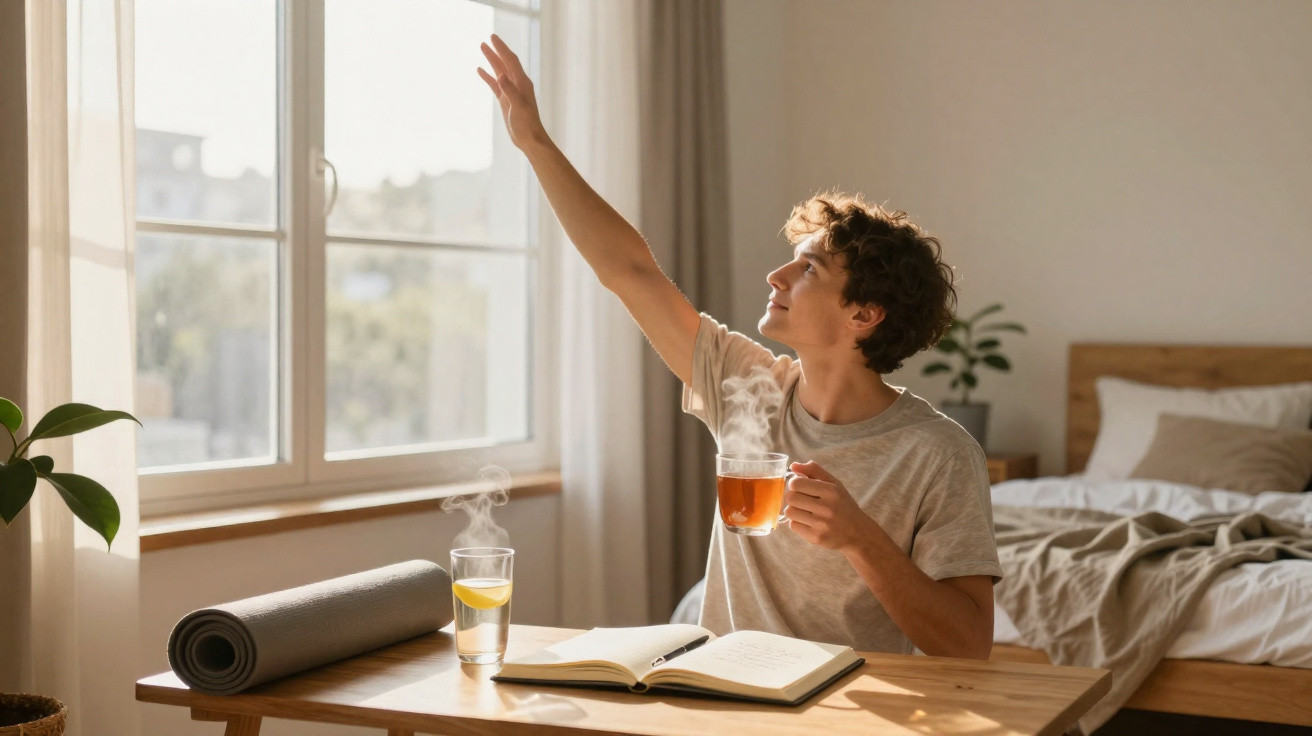 Jovem sentado em mesa pegando a cortina com chá quente, copo com limão, caderno aberto e tapete de yoga.