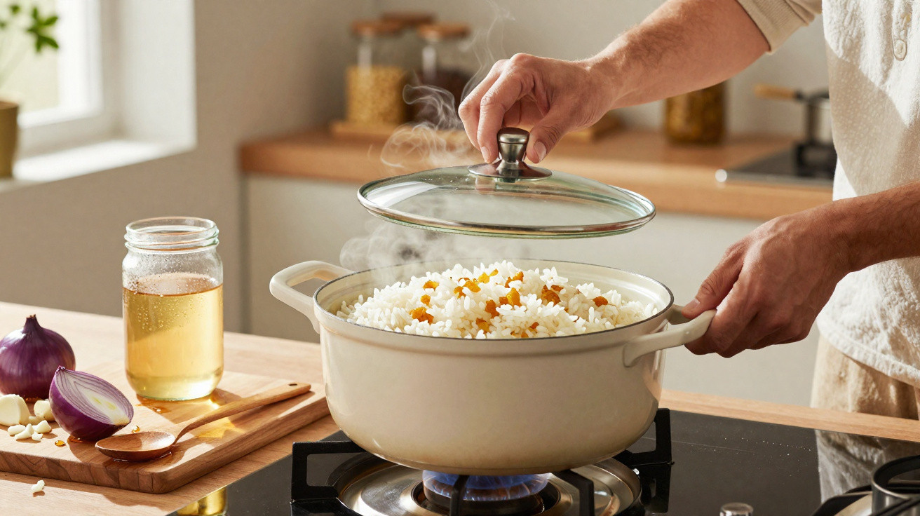 Pessoa levantando tampa de panela com arroz fumegante em fogão, ao lado cebola roxa e vidro com líquido.