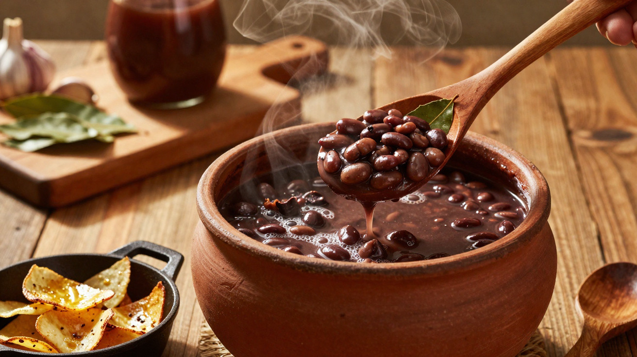 Sopa quente de feijão preto em panela de barro com concha de madeira e chips temperados ao lado.