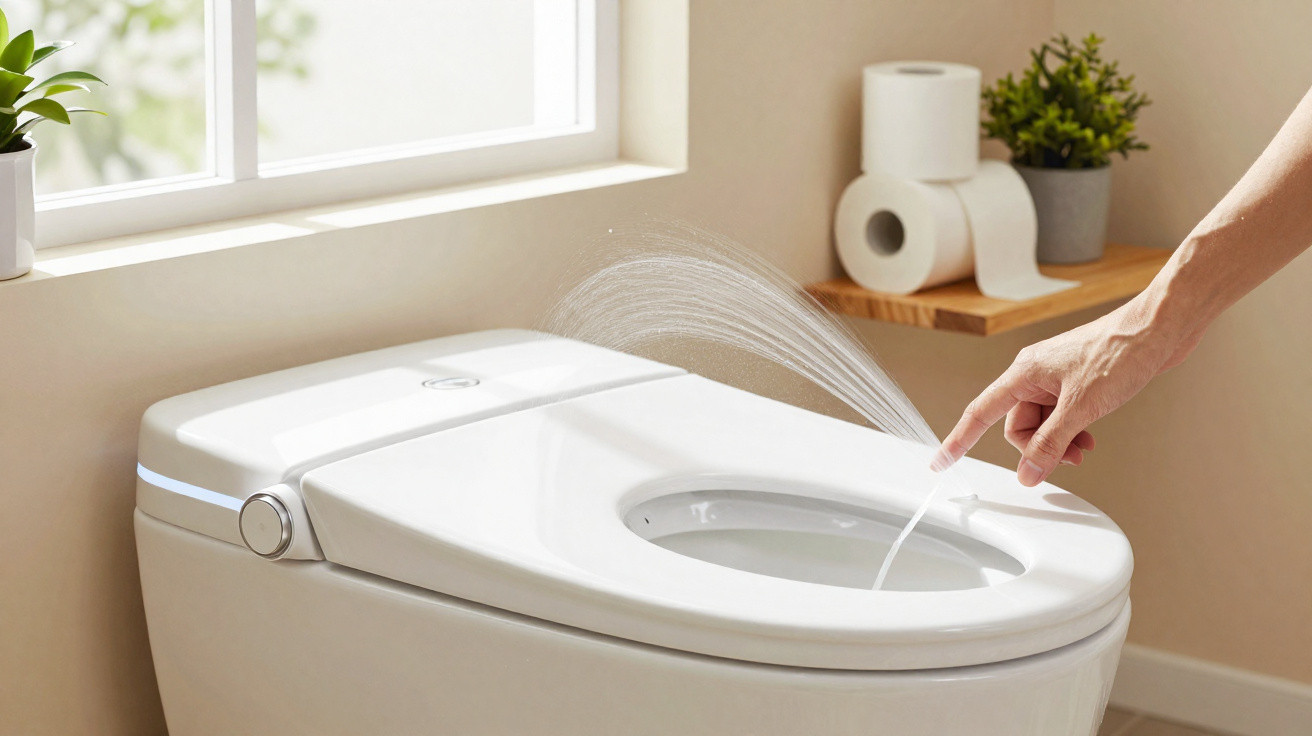 Mão ativando esguicho de bidê automático em vaso sanitário branco moderno em banheiro iluminado.