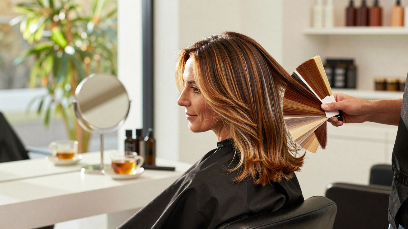 Mulher sentada em salão de beleza enquanto profissional mostra amostras de cores de cabelo.