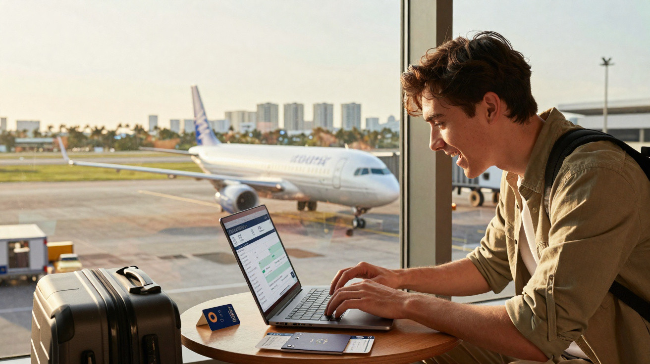 Jovem em aeroporto usando laptop com mala e passaporte na mesa, avião ao fundo.