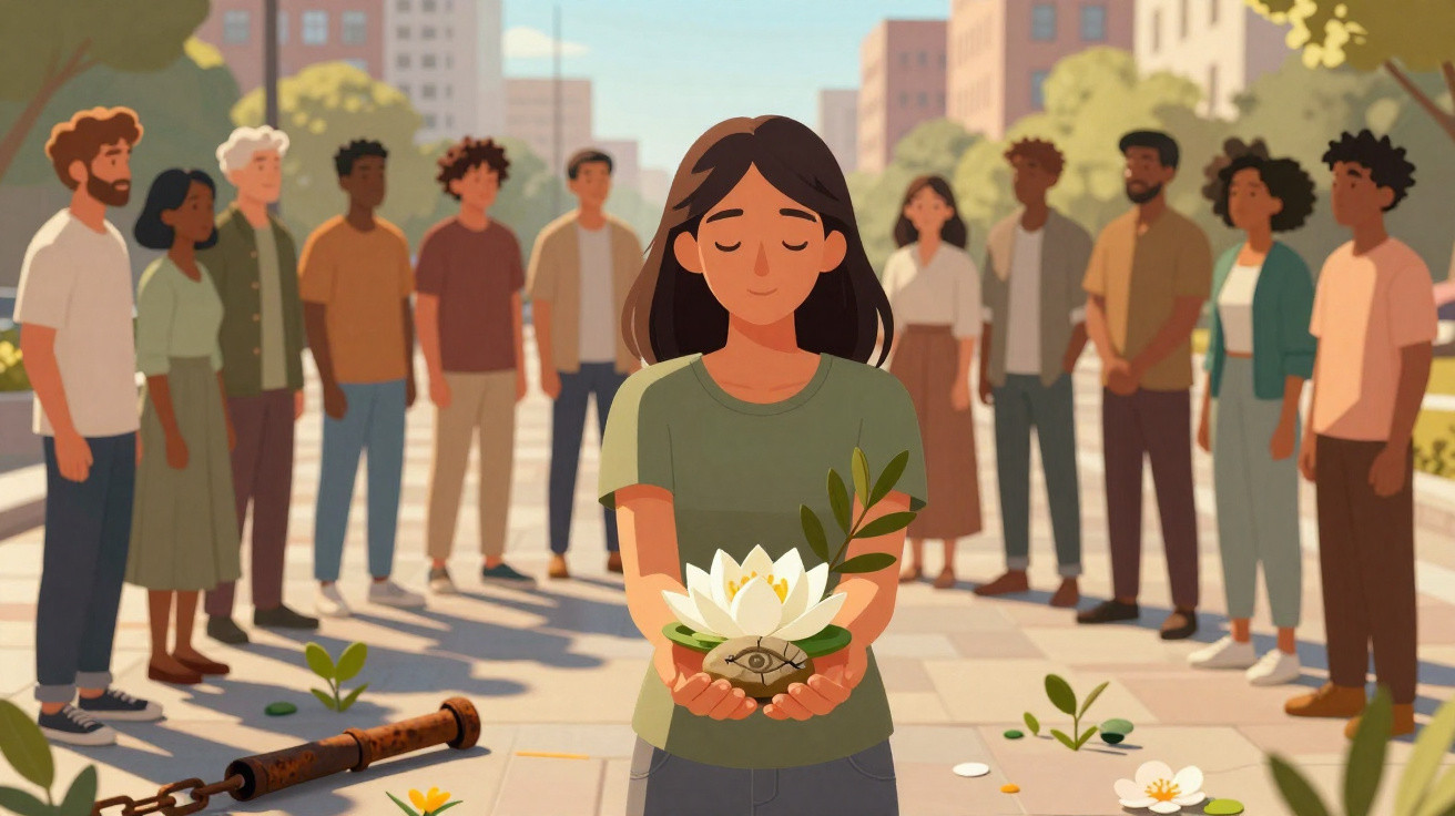 Pessoa segura flor de lótus branca com folha e olhos desenhados, enquanto grupo diverso observa em praça urbana.
