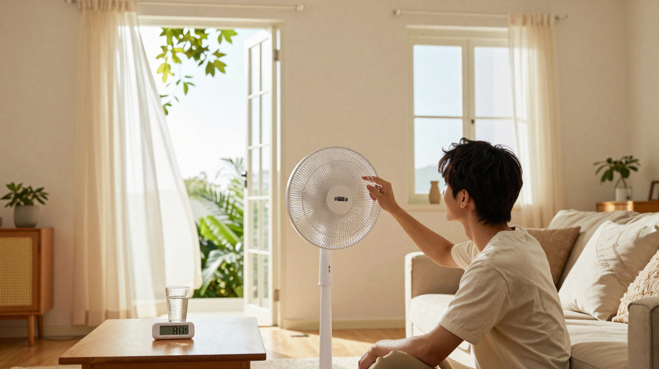 Homem sentado em sala iluminada ajustando ventilador em frente a porta aberta com cortinas esvoaçantes.