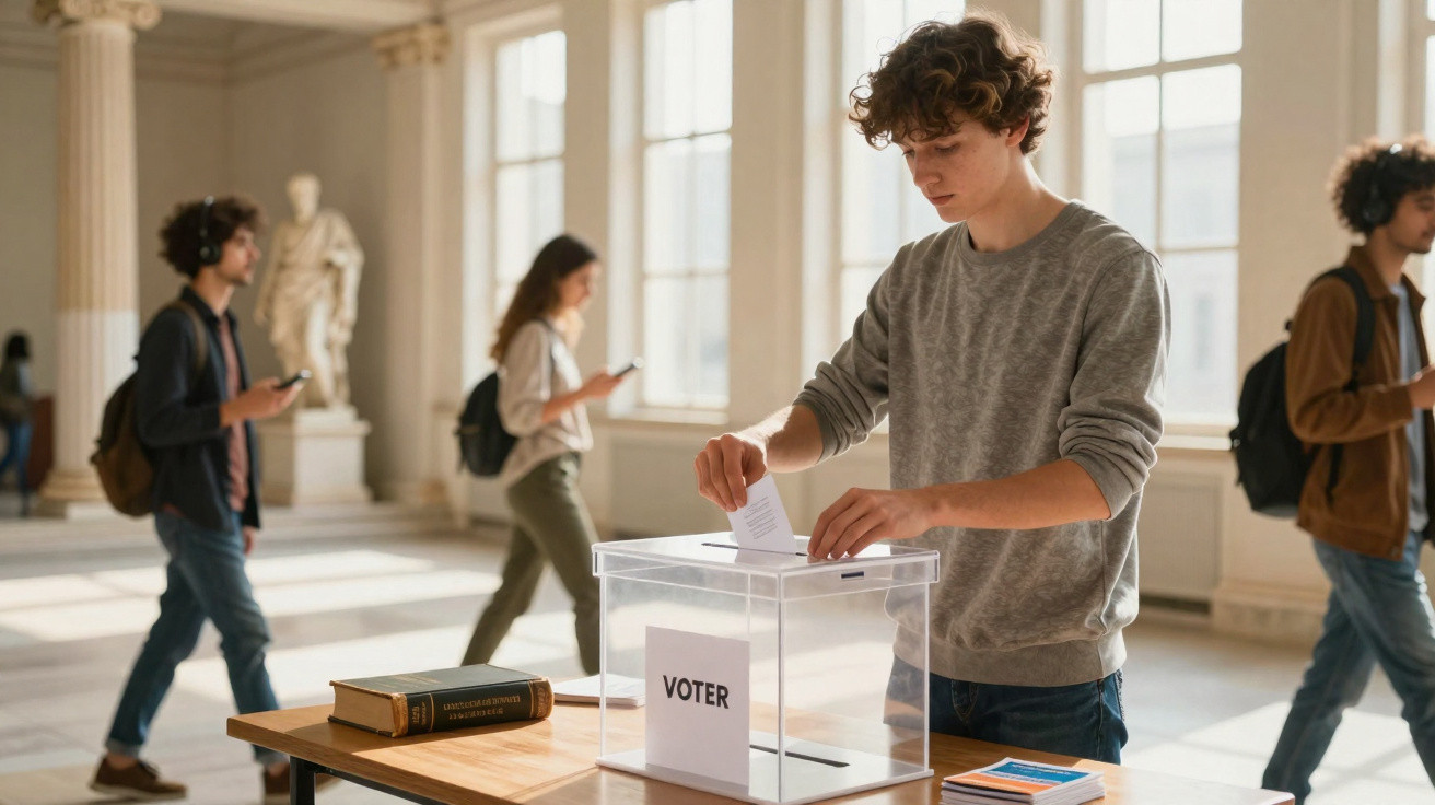 Jovem masculino votando em urna transparente em local iluminado com outras pessoas ao fundo.