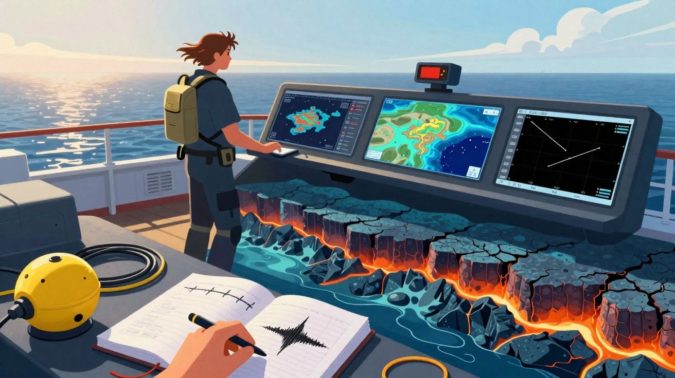 Pessoa em navio observando equipamentos e mapas de monitoramento sísmico sobre o oceano ao amanhecer.