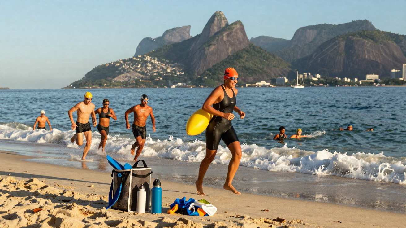 Pessoas correndo na praia com óculos e toucas de natação, com montanhas ao fundo e objetos na areia.