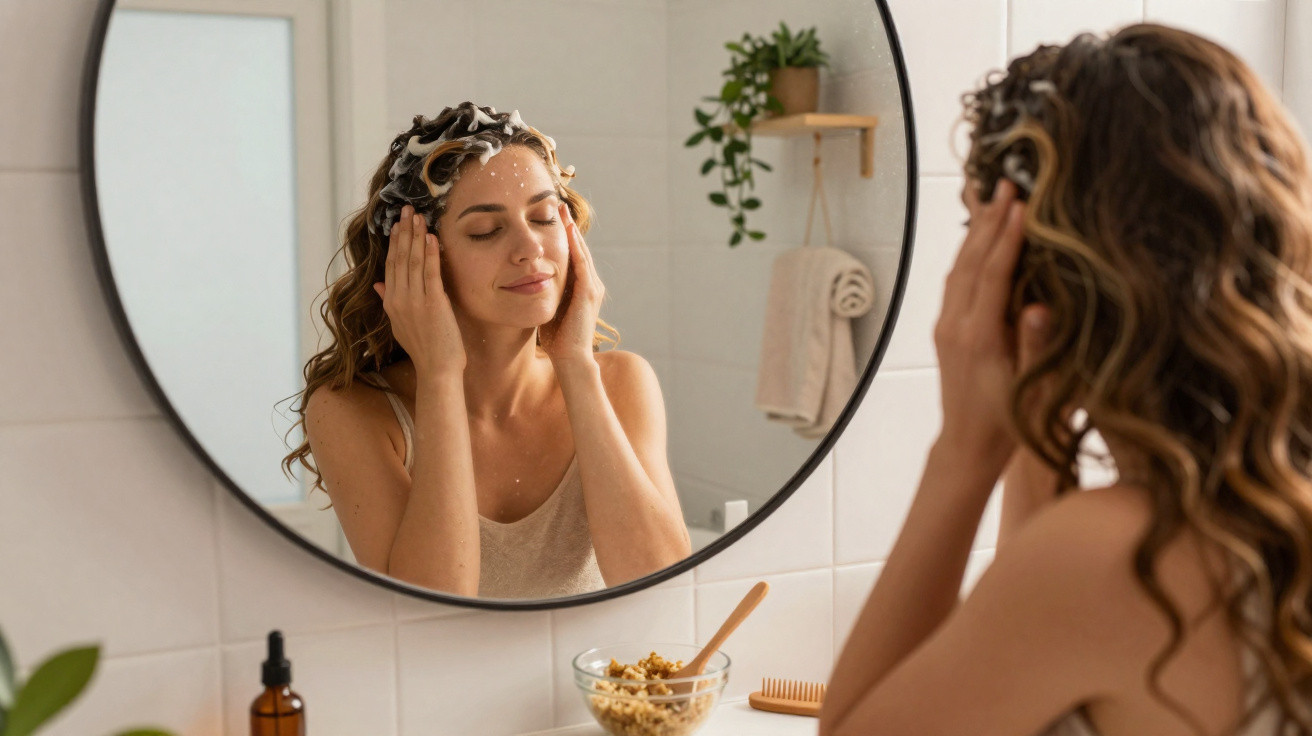Mulher aplicando shampoo no cabelo com espuma, se olhando no espelho do banheiro.