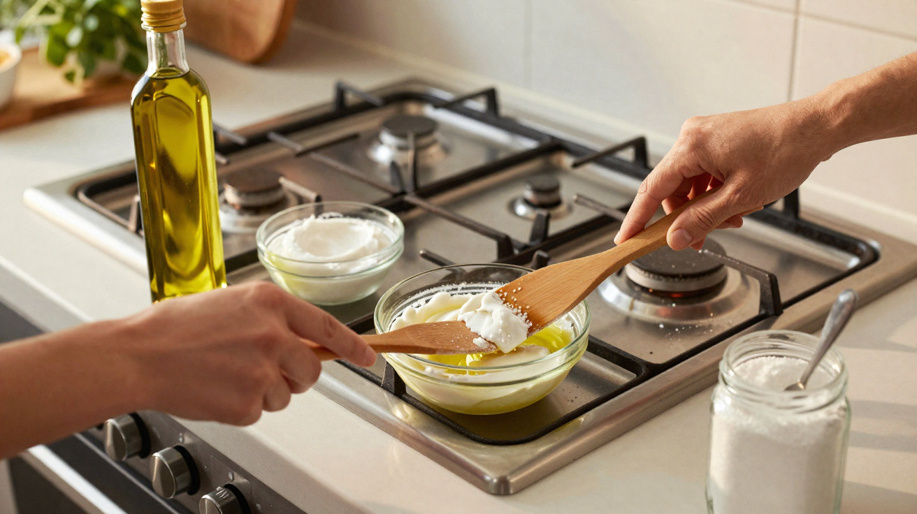 Duas pessoas misturam ingredientes em uma tigela de vidro sobre fogão com azeite, sal e iogurte.