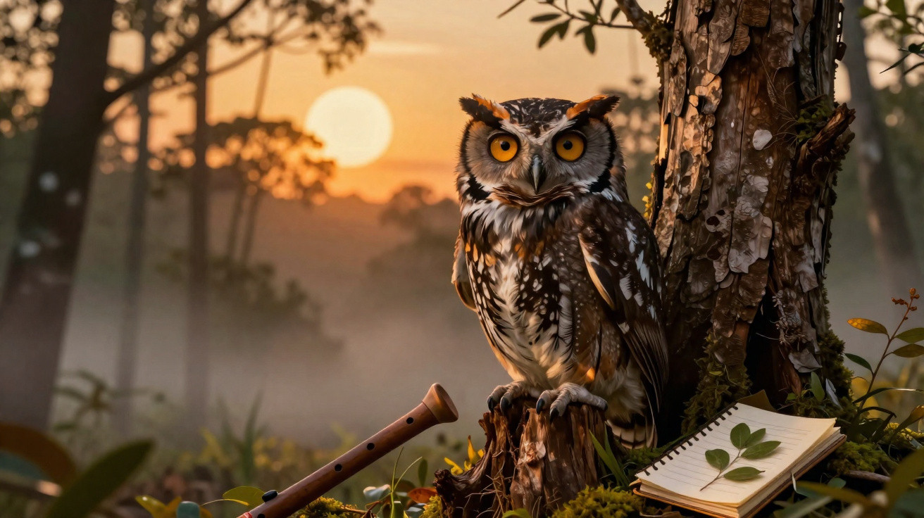 Coruja pousada em tronco com flauta e caderno com folhas ao pôr do sol em floresta nebulosa.